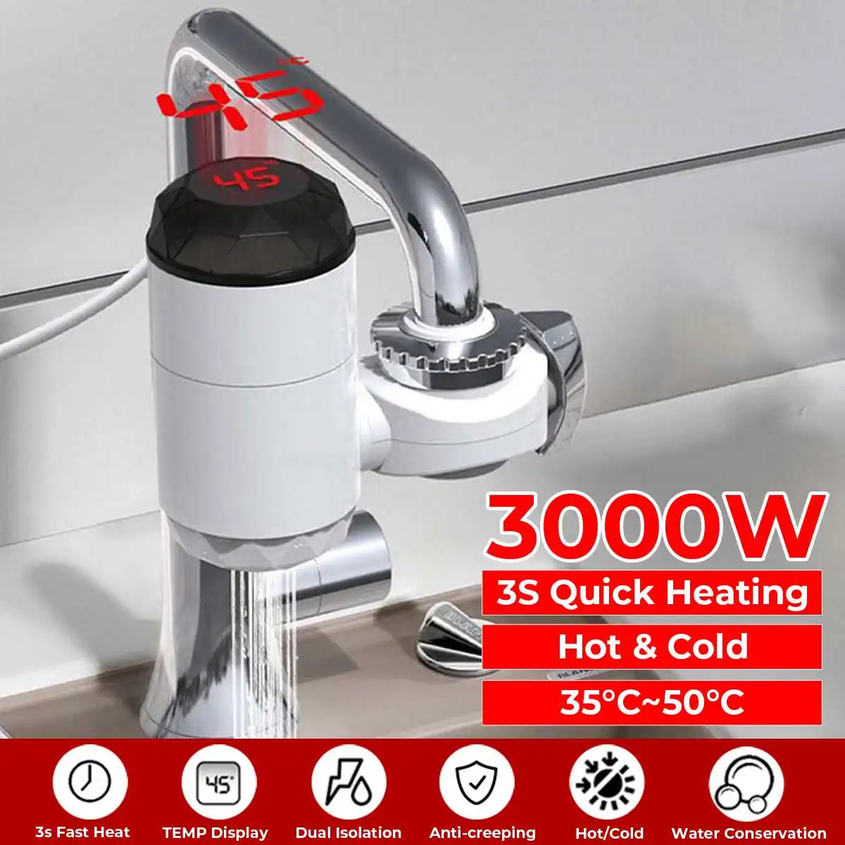 

3000W LED Display Heating Tankless Water Heater Electric Kitchen Water Heating Tap Instant Hot Water Faucet