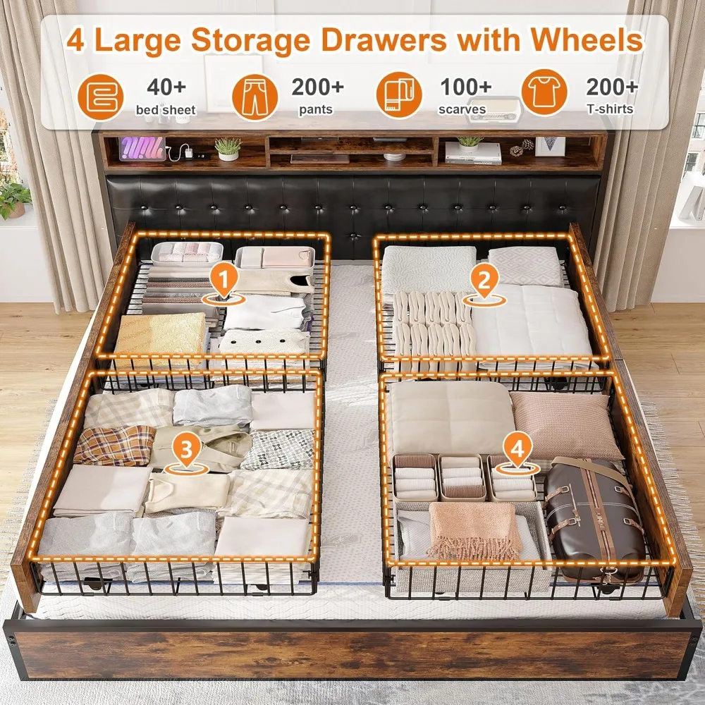 King Size Bed Frame with 4 Storage Drawers Kings Beds Frames and Headboard Upholstered Charging Station, King Bed Frame 3