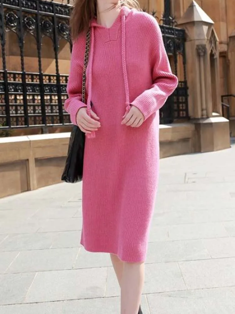 

Casual Hooded Long Sleeved Knitted Dress Loose Fitting Straight Tube Skirt 2023 Autumn New Fashionable Women'S Clothing