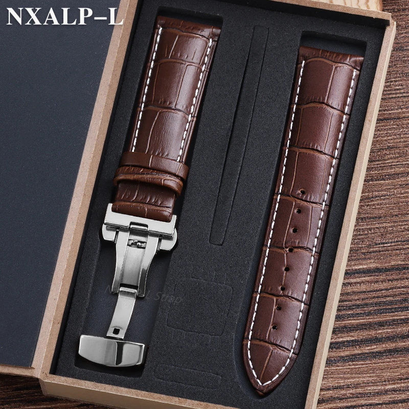 Luxurious Genuine Leather Watch Strap with Elegant Butterfly Clasp and Wooden Gift Box