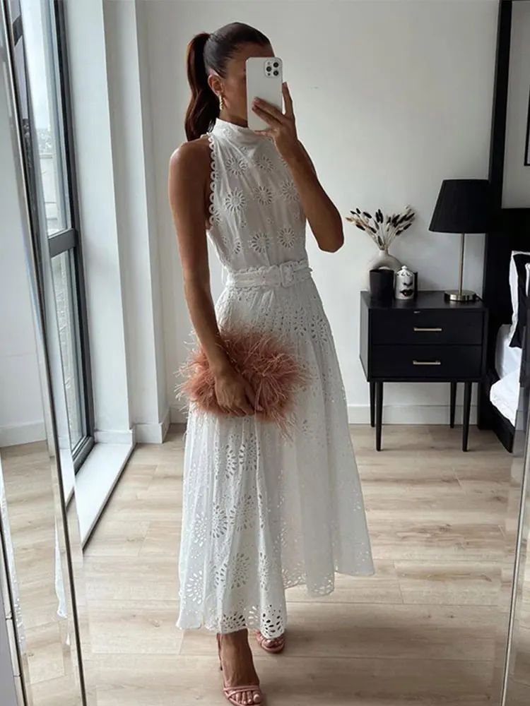 

Elegant Hollow Out Sleeveless White Dress Women Fashion Loose O Neck Midi Dresses 2023 Summer Casual Chic Female Party Vestidos