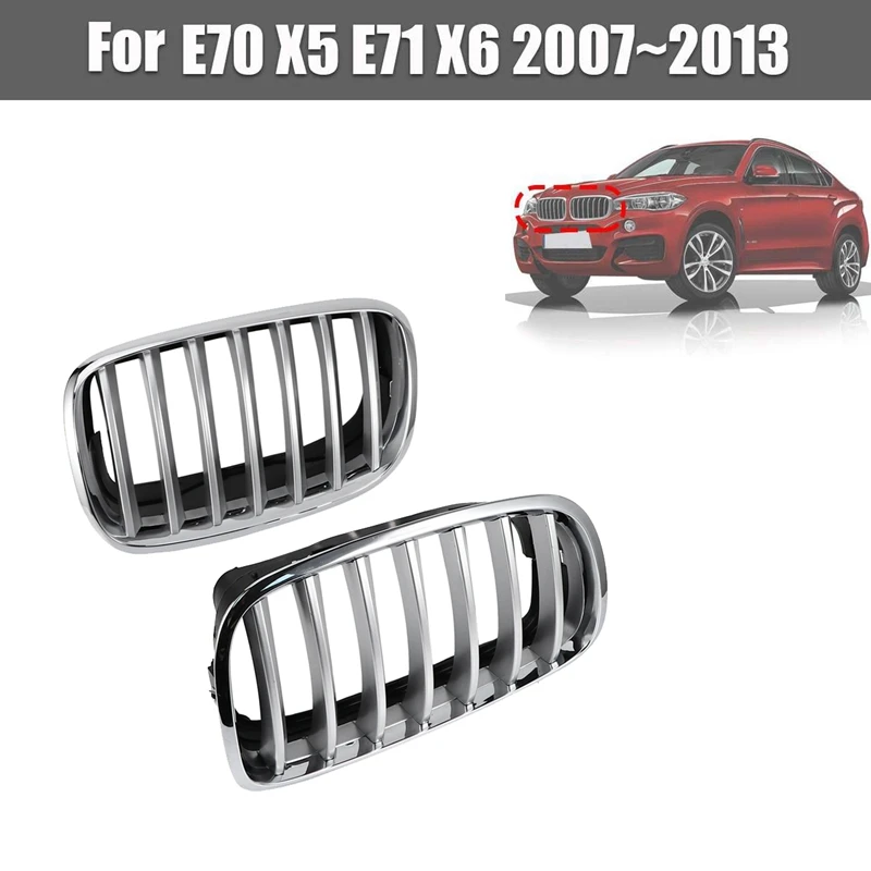 

1 Pair Of Car Left & Right Front Dual Slat Bumper Kidney Grille Silver ABS Grill, For BMW E70 X5 E71 X6 2007-2013