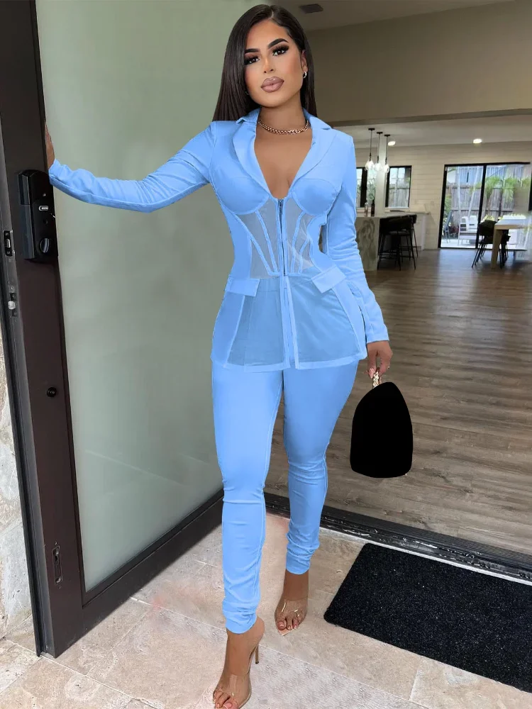 

KEXU Elegant Sheer Mesh Patchwork Two Piece Set Women Sexy V Neck Corset Blazer Top + Pants Skinny Office Lady Fashion Outfits