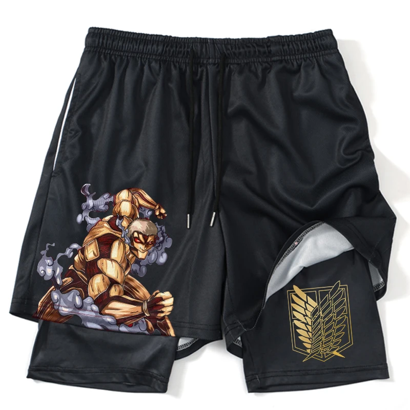 

2 In1 Performance Shorts to Gym Fitness Attack on Titan Eren Print Anime Shorts Men Women Summer Mesh Quick Dry Sports Shorts