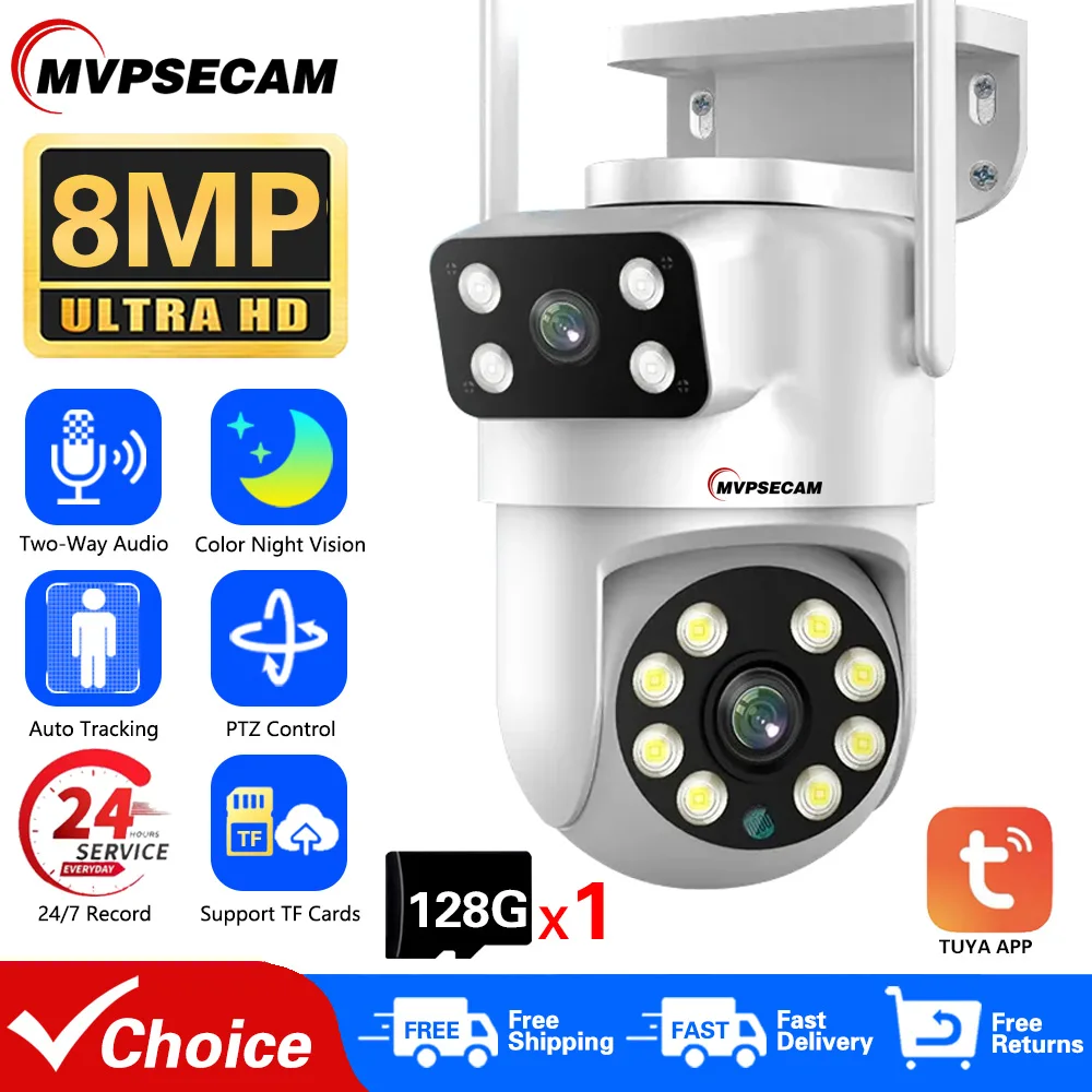 External Wifi PTZ Camera Dual Lens 4K 8MP HD Outdoor IP Camera 4MP Auto Tracking Security Protection CCTV Surveillance Tuya P2P wjg 12mp wifi camera three lens wifi survalance camera 6k 8x ip auto tracking outdoor waterproof security security protection