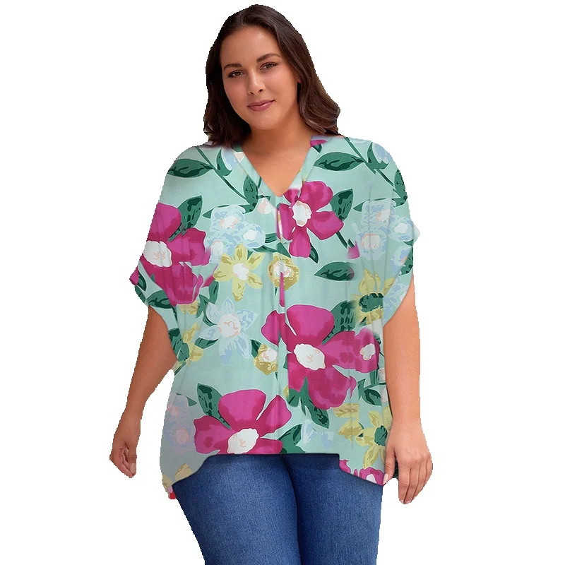 

New Summer Thin Print T-Shirt For Women Casual Slim Pullover V-Neck Short Sleeve Top