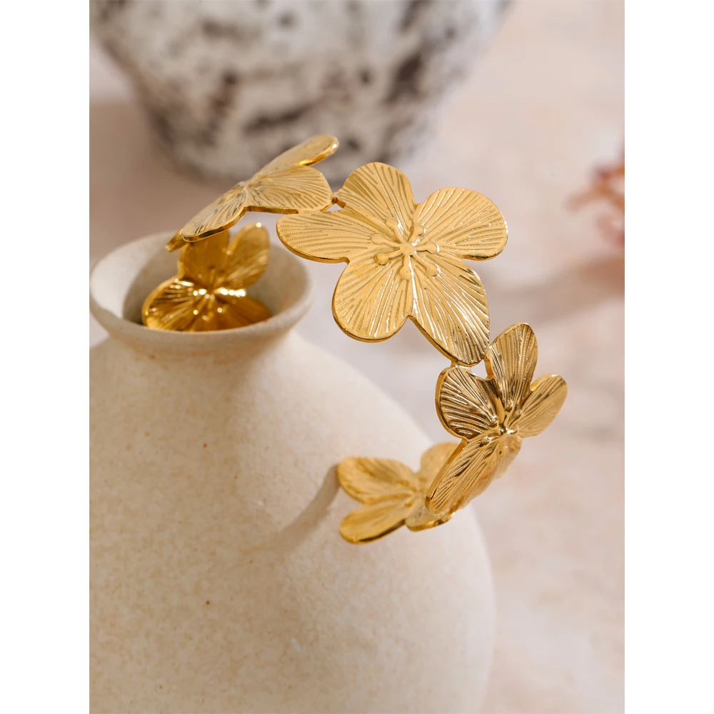 Yhpup Stainless Steel Waterproof 18K Golden Plated Flower Cuff