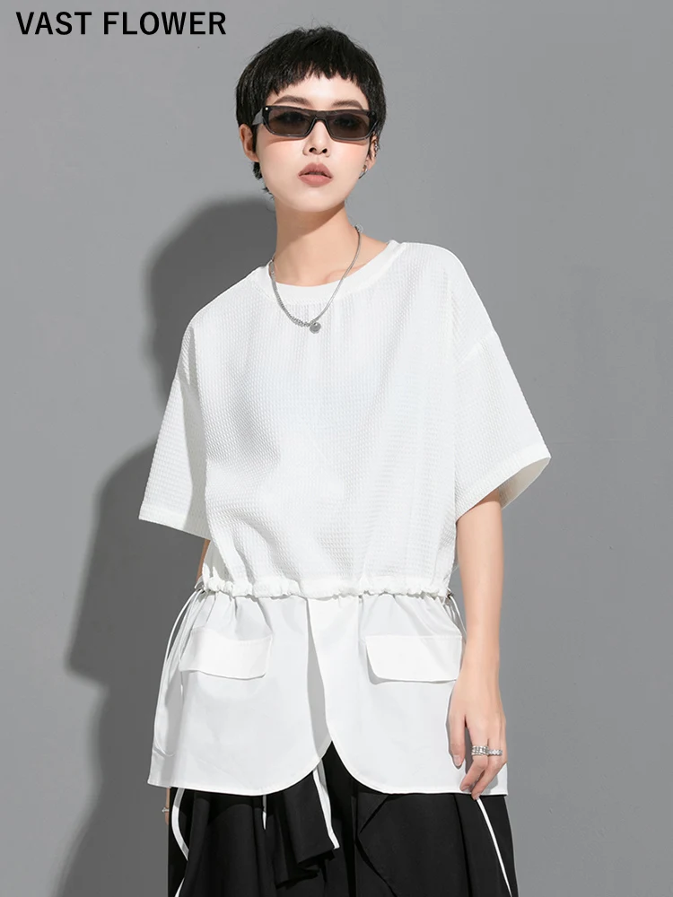 

Patchwork Drawstring White Irregular T-shirt Women New Short Sleeve Loose Casual Summer T Shirt Top Femme Fashion Clothing 2022
