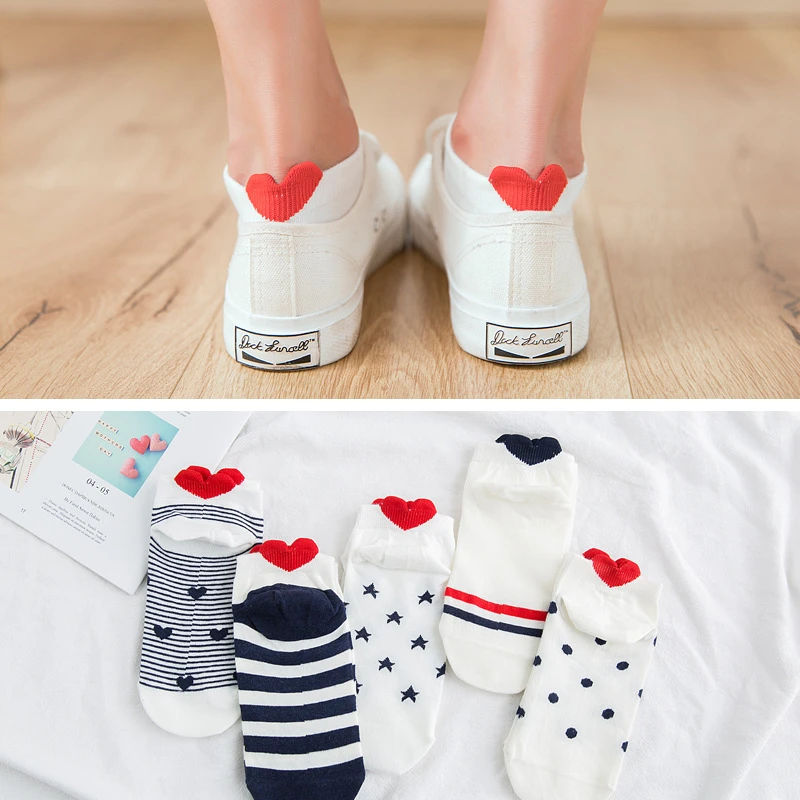 

Fashion Women Chic Socks With Cute 3D Heart Heel Simple Fresh Female Stripe Dots Stars Short Ankle Sokken Dropship