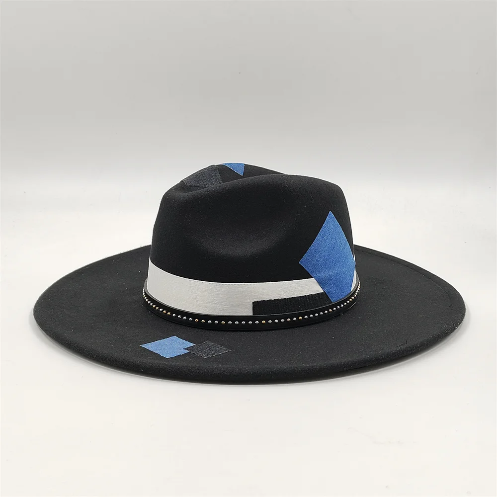 Handgenähter Fedora-Hut, Jazz-Hut, Männer und Frauen, Spielkarten-Accessoires, modischer Filzhut, schwarz-weißer Panama-Kirchenhut – Detail 16