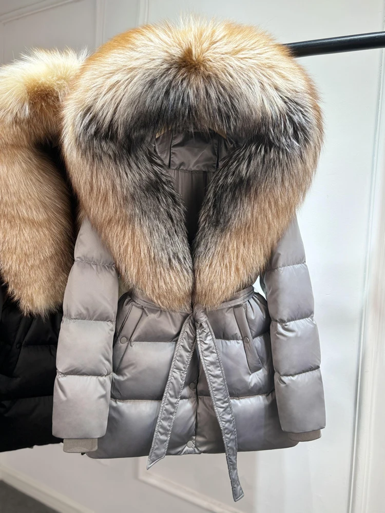 2025 Luxury Winter Large Natural Silver Fox Fur Hooded 90% Goose Down Jacket Women Thickened Warm Coat Waterproof Belted Parkas