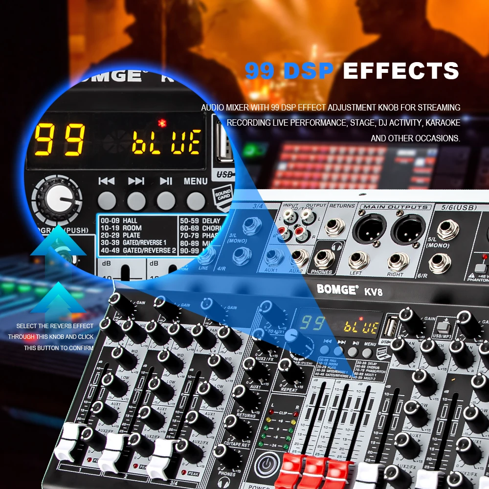 4 6 8 Channel Audio Mixer Sound Mixing Console with USB interface 99DSP 48V Phantom Power for Recording Streaming