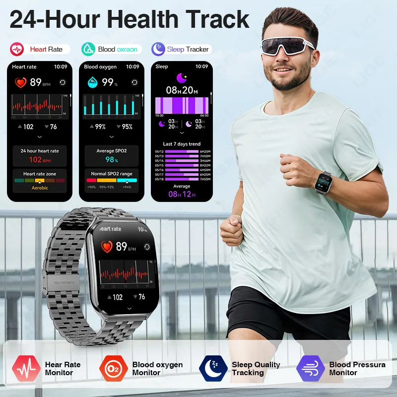 LIGE ���ο� �ʹ��� Smartwatch 1.96 Amoled ��ũ�� �������� ��ȭ �ǰ� ����� �ð� IP67 ��� GPS ���� Smartwatch