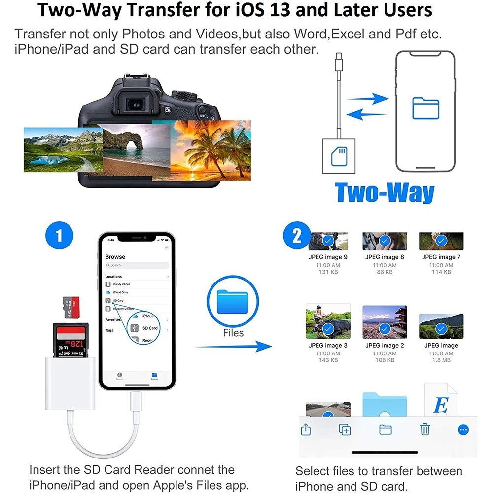SD TF Card Reader For iPhone 14 12 13 11 Pro Max XR XS USB-A Female Camera Converter For iPhone OTG Adapter