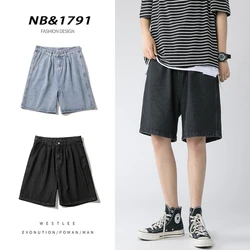 2022 Summer New Men's Baggy Straight Denim Shorts Korean Style Fashion Casual Loose Short Jeans Male Light Blue Black