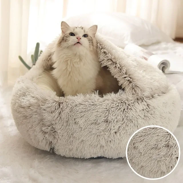 Soft Warm Long Plush Pet Bed Enclosed Round Cat Cushion Comfortable Sleep Bag Cat Nest Kennel for Small Pet Cat Nest