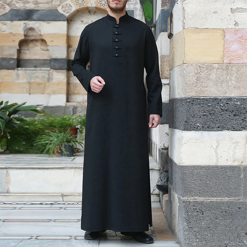 2024 New Solid Middle East Arabian Gown Standing Neck Door Barrel Long Sleeve Gown Button Simple Large Men's Muslim Gown