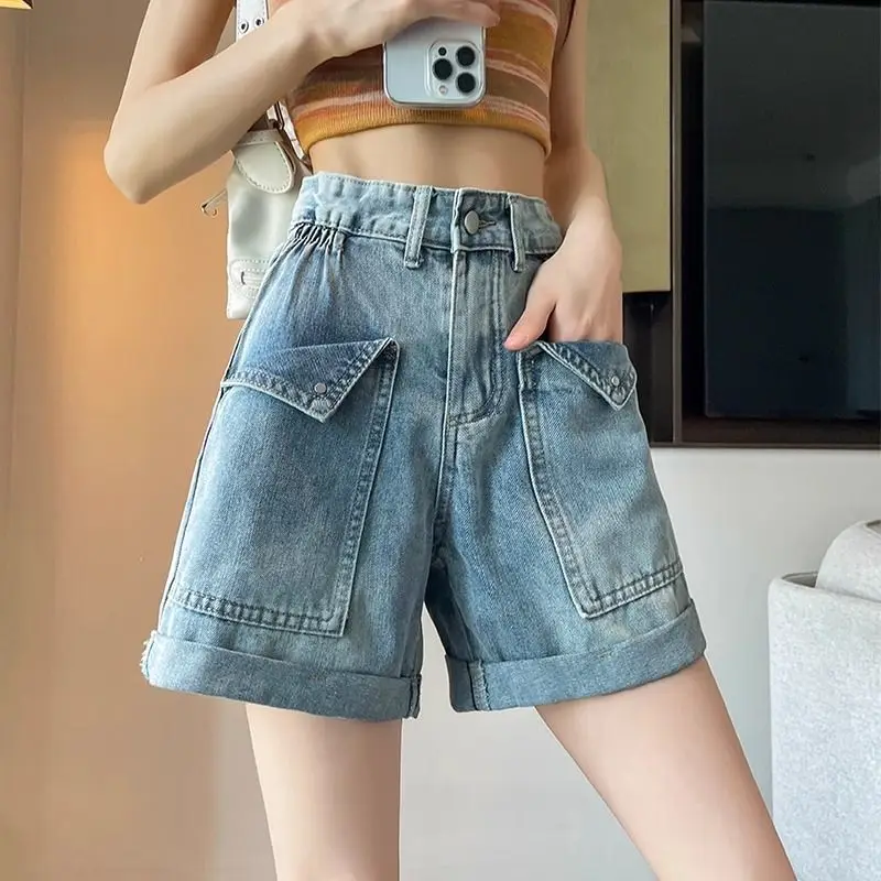 Denim Shorts Rolled Pocket Design Loose Wide Leg Women'S 2024 Summer Thin Versatile Slimming Side Elastic Waist Straight Pants