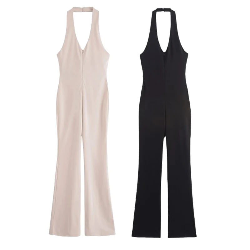 2025 New Fashion Halter Neck Flare Jumpsuit For Women Elegant Backless Sleeveless Slim Fit Romper Street Chic Bodysuits ﻿