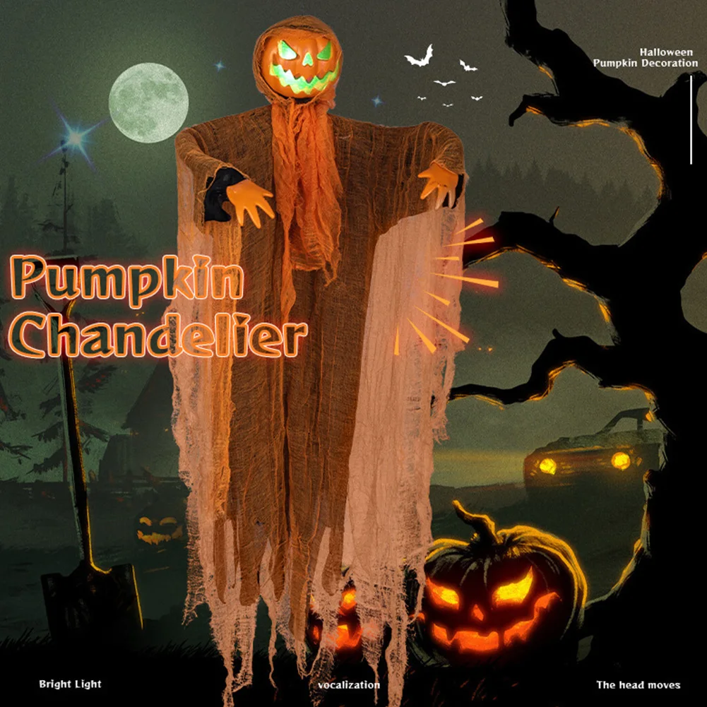 1/2PCS Halloween Pumpkin Party Decorations Head Green Light Turn Head Pumpkin Light-emitting Sound Hanging Props Yard