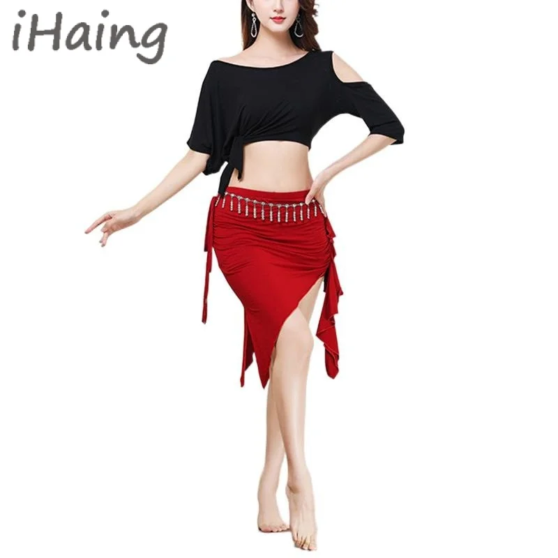 

Women Practice Dancewear Set Professional Bellydance Dance Lesson Wear Costume Set Dancing Lace Top Spilt Skirt Outfit Clothes