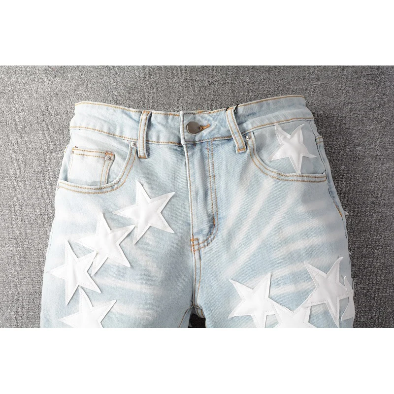 Best Sellers Men\'s Distressed Streetwear Light Blue Denim Pants Leather White Stars Patchwork Moustache Holes Ripped Jeans Pants