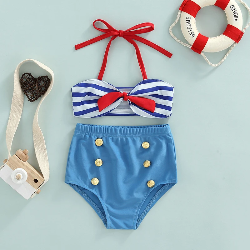 

Baby Girl Swimwear Two Pieces Bikini Set Summer Hanging Neck Striped Tops Elastic Waist Button Shorts Bathing Suit Beachwear