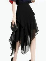 Summer Slimming High Waist Bla Chiffon Asymmetrical Skirt Women's Faionable Draped Thin Sle f-length Skirt