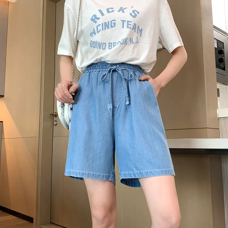 Wide Leg Jeans Shorts Summer Lyocell Straight Shorts for Women High Waist Casual Thin Female Pants Plus Size Loose Bottoms