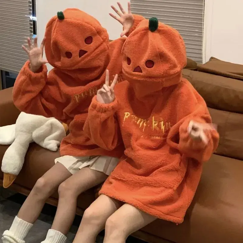 Hoodie Womens Harajuku Kawaii Clothing Pumpkin Pattern Orange Hooded Sweatshirt New Casual Gothic Street Clothing Large Top
