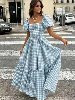 Women's Gingham Maxi Dress Square Neck Puff Sleeve Tiered Ruffle Hem Smocked Waist Casual Long Dress