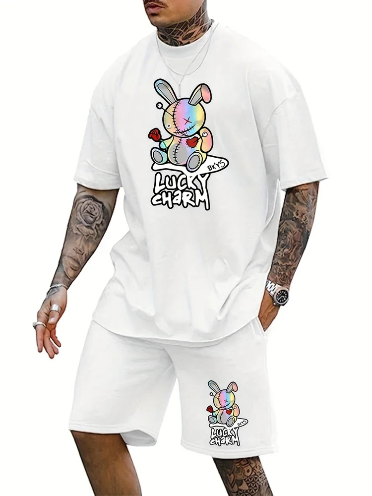thumbnail image 1 of Conjunto de pantalones cortos de manga corta informales de verano para hombre, conjunto de camiseta y pantalones cortos con estampado de muñeco de conejo de dibujos animados y amuleto de la suerte, co, 1 of 4