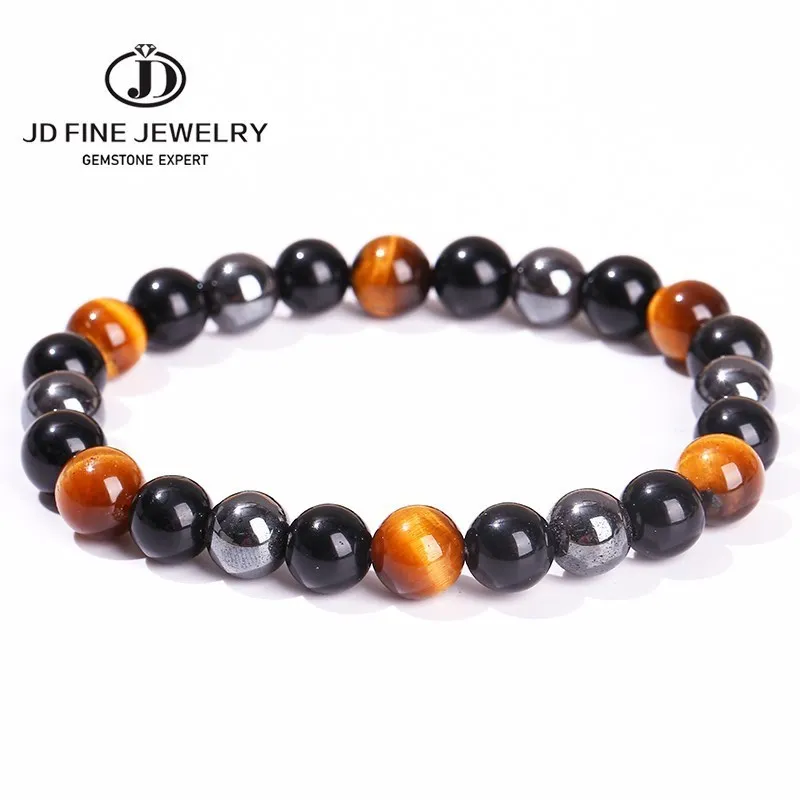 Jd Natural Black Obsidian Stone Ematite Tiger Eye Bead Bracciale Donna Uomo Triple Protection Health Care Gioielli Per La Perdita Di Peso