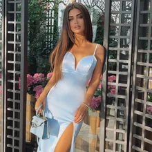 

Elegant Slip Dress For Women Party Summer Fashion V-Neck Satin Temperament Slim-Fit Slip Bandage Sleeveless Sexy Evening Dress