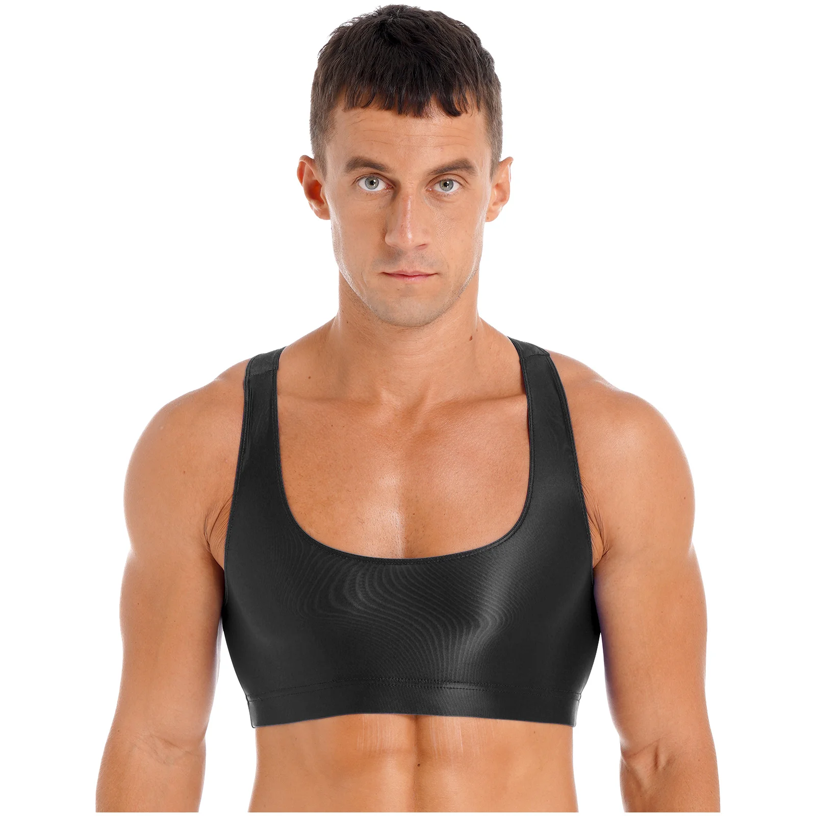 

Mens Glossy Cropped Tank Top Solid Color Round Neck Sleeveless Stretchy Vest Tops Bodybuilding Crop Tops Workout Yoga Swimwear