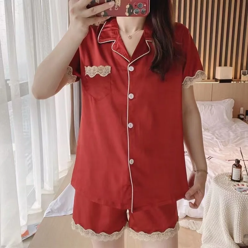 Ice silk pajamas for women summer pijamas short-sleeved suit female 2022 new cardigan pyjamas lace stitching women's summer suit