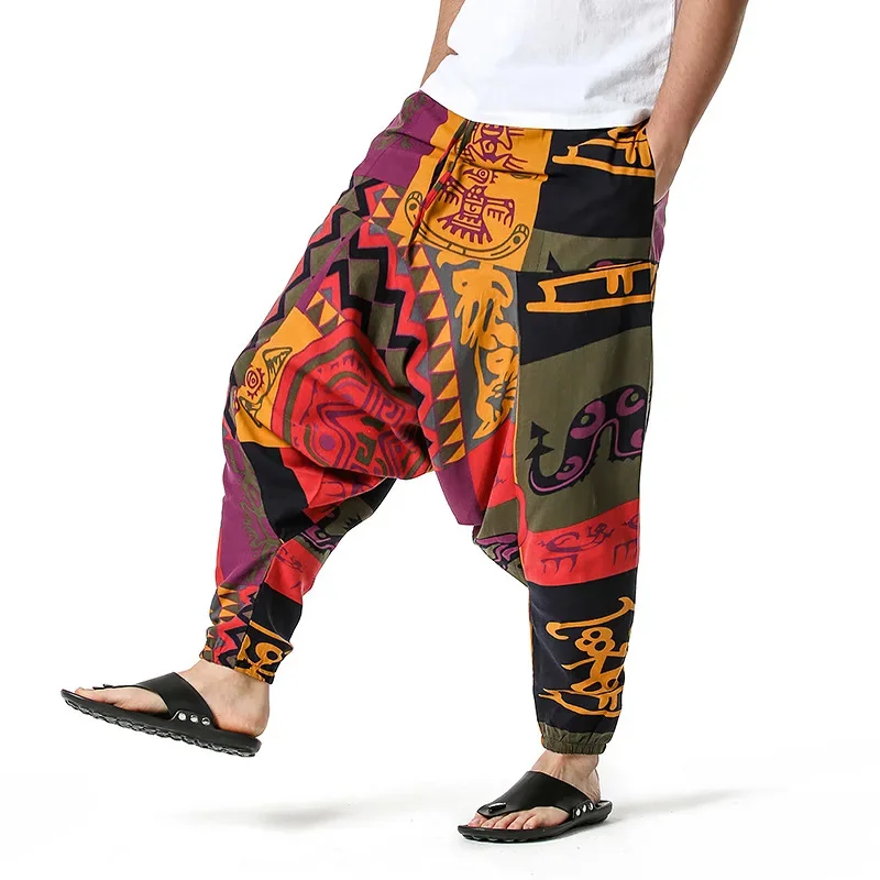 Men's Pants African Print Drop Crotch Joggers Sweatpants Casual Hop Hippie Trousers