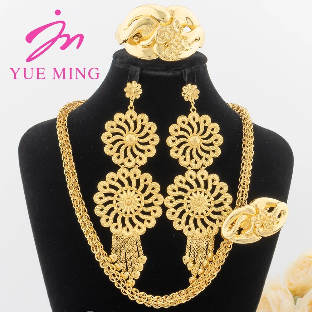 

YM Jewelry Set for Women Tassels Earrings Adjustable Ring Bracelet Gold Plated Necklace Luxury Nigeria Dubai Jewelry Accessories