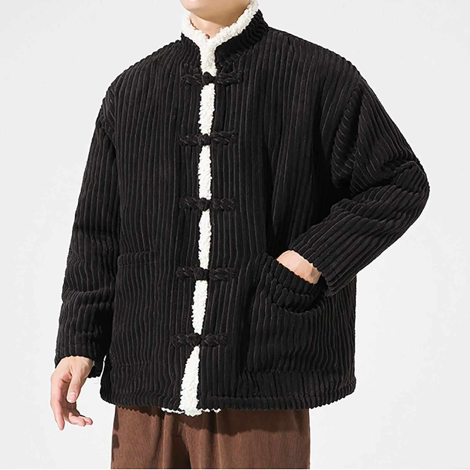 2024 Chinese Style Men Warm Spring Festival Long Sleeve Thickened Cotton Jacket Coat Winter Plush Stand Collar Corduroy Overcoat 3