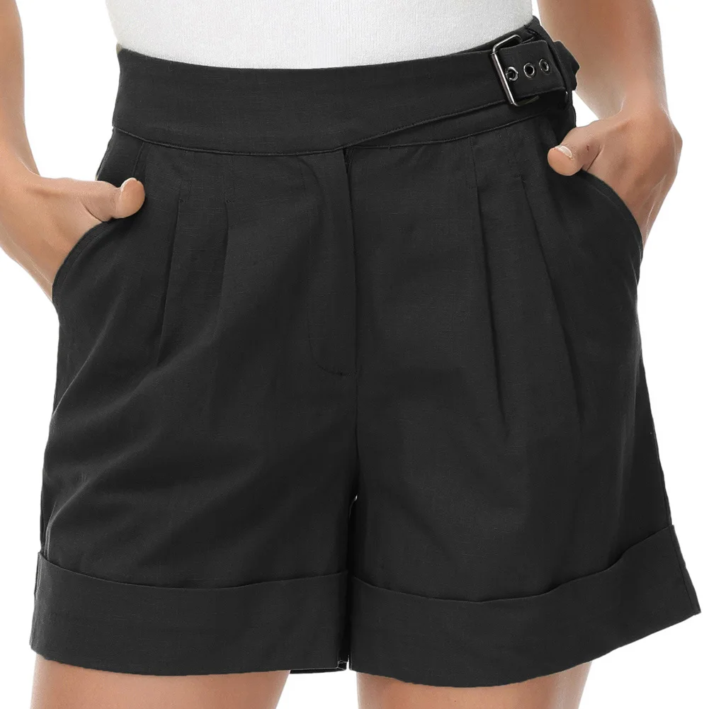 BP Women Summer Vintage Cotton Shorts Elastic High Waist A-Line Short Pants With Pockets Elegant Lady Wide Leg Shorts A30