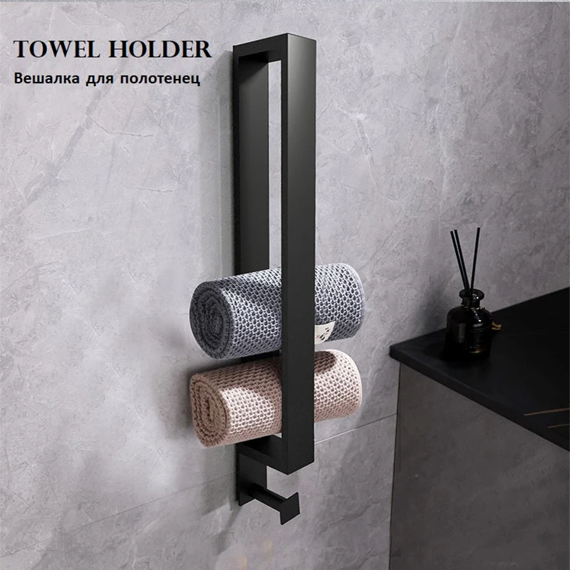Towel Holder Towel Rack No Drilling Bathroom Hanger Wall-Mounted Bar 304Stainless Steel Black Toilet Storage