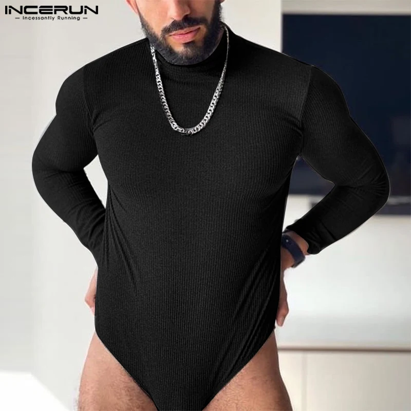 Incerun Men Bodysuits Solid Color Turtleneck Long Sleeve Fashion