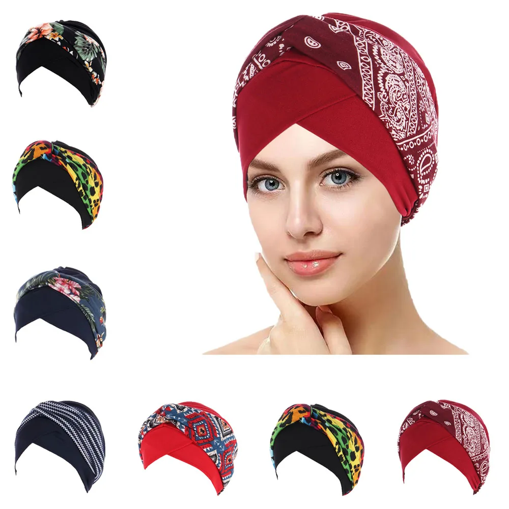 

Muslim Women Hijab Twist Knot Print Turban Chemo Cap Bonnet Cancer Islamic Arab Hat Headwrap Scarf Femme Head Cover Beanies Caps