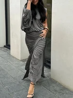 kliou Unique Irregular Women 2 Piece Set Solid Swinging Pleated Single Full Sleeve Turtleneck Tops+Matching Split Maxi Skirts - Image 3