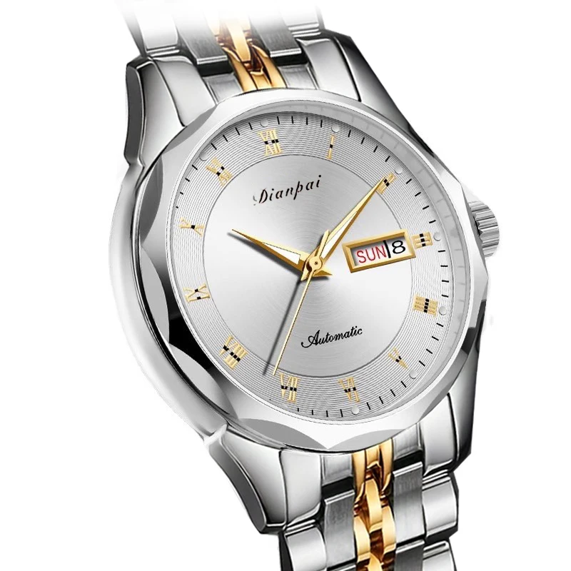 Automatische mechanische Herrenuhr mit leuchtendem Zifferblatt, Datumsanzeige, Edelstahlarmband und goldenen Akzenten – ein luxuriöses Geschäft