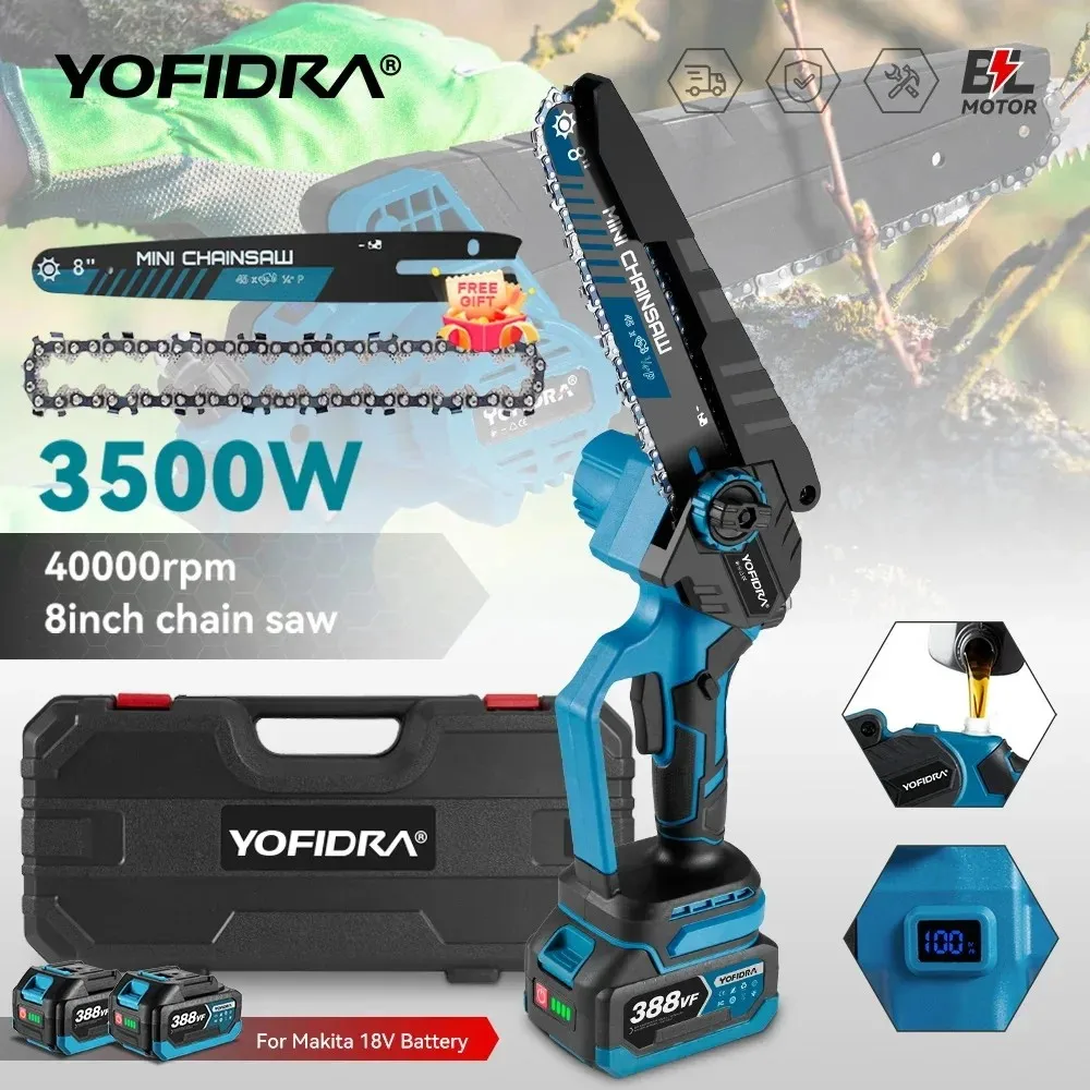 YOFIDRA Serra Elétrica Brushless 8 Polegadas Sem Fio Marcenaria Poda Jardim Corte Serra Ferramenta Elétrica Compatível com Bateria Makita 18V Pino