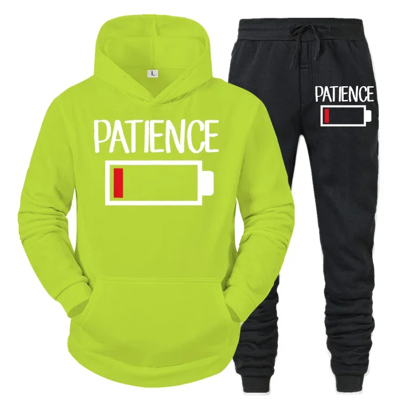 thumbnail image 1 of Conjunto de 2 piezas de sudadera y pantalones divertidos con estampado de batería "PATIENCE" para hombre, sudadera de manga larga, chándal, ropa deportiva unisex, 1 of 4