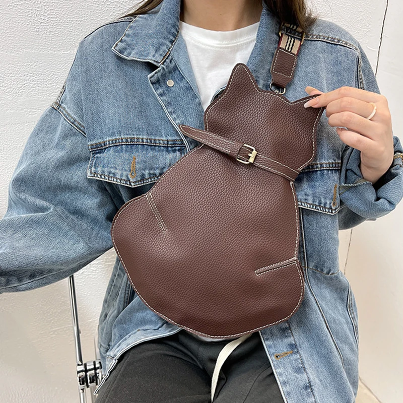 

Trend Vintage Women Chest Waist Bag Cat Shape Shoulder Casual Crossbody Quality Leather Handag Purse Lady Brand Designer Bag