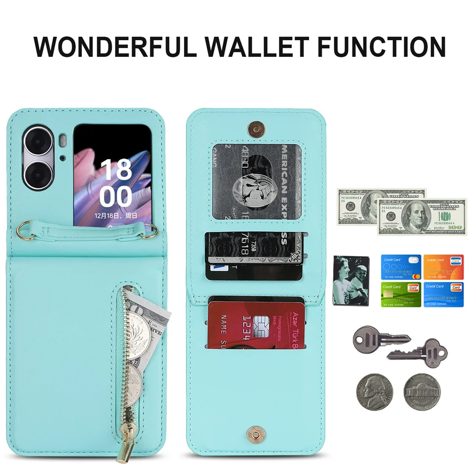 Zipper Wallet Purse Crossbody Case For OPPO Find N2 Flip N3Flip Shoulder Strap Lanyard Neckstrap Cards Solt Holder Pocket Cover