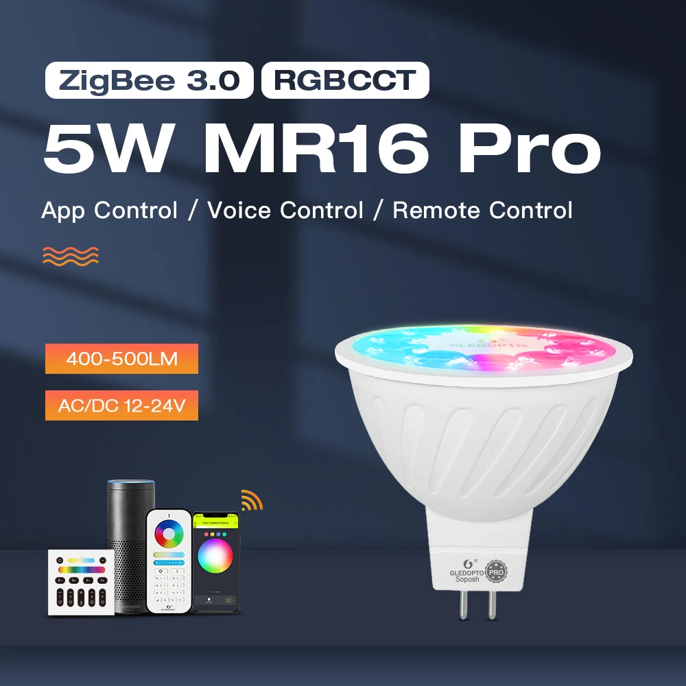 

Gledopto Zigbee 3.0 Женский прожектор 5 Вт MR16 Pro RGB + CCT 400 ~ лм AC/DC12 ~ 24 В Tuya Smart Life APP Alexa Conbee RF пульт дистанционного управления